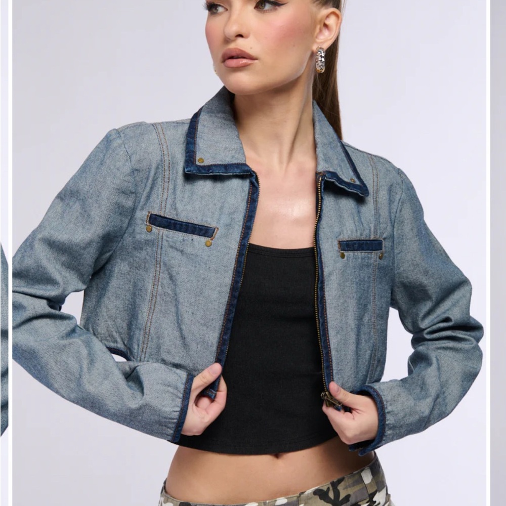 Cropped Light Denim Jacket with Dark Trim - Women's Jean Jacket - Picture 2 of 7